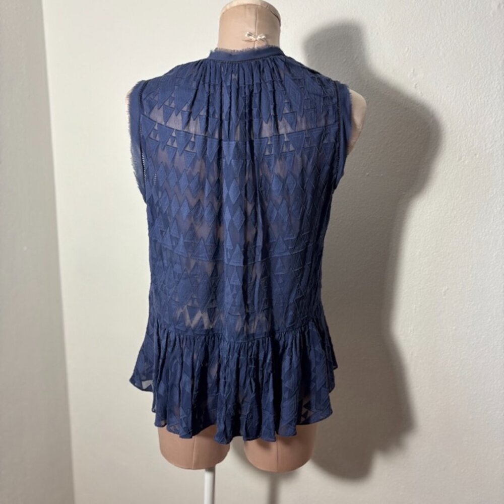 Rebecca Taylor Navy Diamond Embroidered Sheer Blouse Size L - Picture 5 of 11